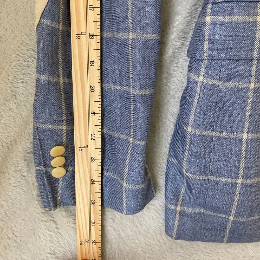 Tallia Mens Windowpane Plaid Elbow Patch Linen Blazer Sport Coat 38R Blue Check - Picture 14 of 14